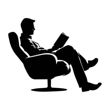 Elegant man sitting in a chair reading a book in silhouette style, showcasing relaxation and leisure in a minimalist design