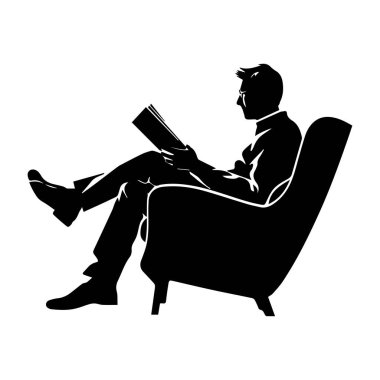 Elegant silhouette of a man sitting in a chair reading a book with a relaxed posture style in a minimalist artistic representation