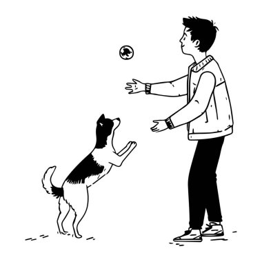 Young man playing fetch with a cheerful dog in a minimalist sketch style, highlighting the joy of companionship and outdoor activities