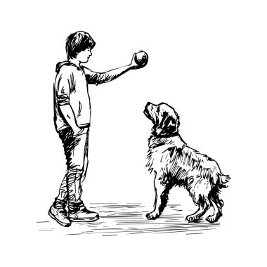 A Young Boy Playing Fetch with a Golden Retriever in a Sketch Style Illustration, Capturing Joyful Moments of Friendship and Playfulness