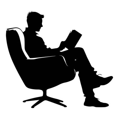 Relaxed silhouette of man reading a book in a stylish armchair, representing leisure, knowledge, and calmness in a minimalist design
