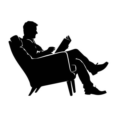 Silhouette of a Man Relaxing in Armchair While Reading a Book in Minimalist Style with Black and White Contrast