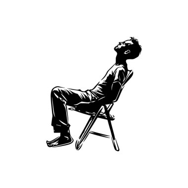 Man in Relaxed Pose Sitting on Folding Chair with Head Tilted Back in Artistic Black and White Illustration for Concept of Leisure and Relaxation