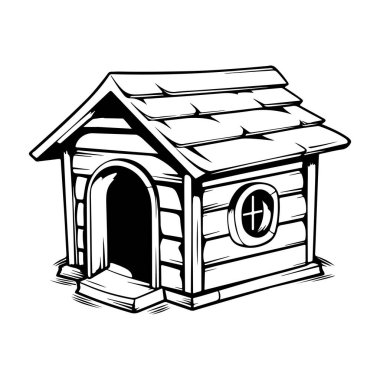 Charming Hand-Drawn Illustration of a Cozy Wooden Dog House with Roof and Round Window for Pets and Animal Lovers