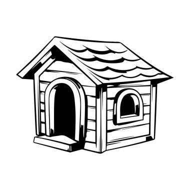 Cute Hand-Drawn Dog House Illustration in Black and White with Detailed Roof and Unique Window Design for Pet Lovers and Home Decor