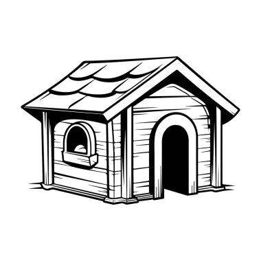Hand-drawn illustration of a wooden dog house with a sloped roof and a circular window, perfect for pet-themed designs and projects