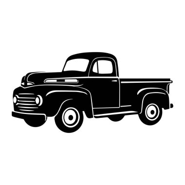 Classic black vintage pickup truck on white background with retro design elements and nostalgic appeal for automotive and transportation themes.