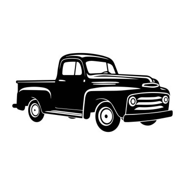 Classic Black Pickup Truck Illustration in Vintage Style with Simple Design and Strong Contours for Retro-Themed Projects and Designs