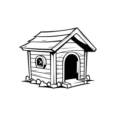 Wooden cottage with a sloping roof and an inviting entrance, surrounded by rocks and simplicity in minimalist black and white line art design