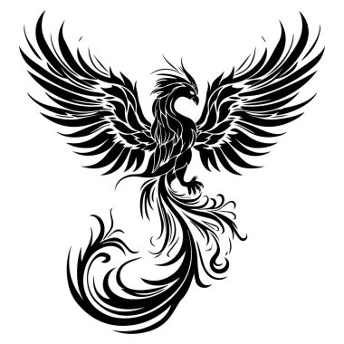 Black silhouette of a majestic phoenix with flowing feathers and outstretched wings, symbolizing rebirth and resilience in art and design