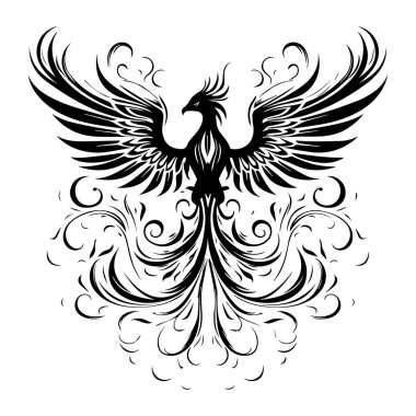 Elegant black silhouette design of a mythical phoenix with intricate swirling patterns and wings spread wide, representing rebirth and transformation