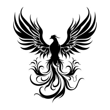 Elegant stylized black phoenix with intricate feather details and swirling elements, symbol of rebirth and strength, artistic illustration on a white background