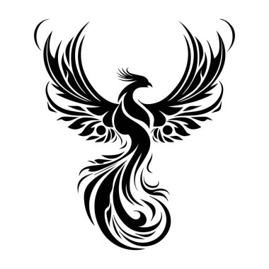 Elegant Black Phoenix Bird Symbol with Intricate Feather Design and Graceful Wings for Artistic and Inspirational Use