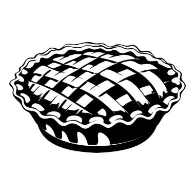 Black and White Illustration of a Traditional Pie with Lattice Crust and Flaky Edges on a Plain Background