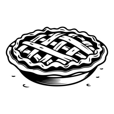 Hand-drawn illustration of a classic pie with a lattice crust on a simple plate, ideal for culinary and food-themed designs and publications