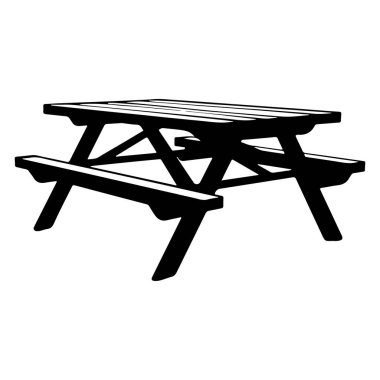 Black Silhouette of a Classic Wooden Picnic Table with Benches Ideal for Outdoor Gatherings and Summer Picnics in Natural Settings
