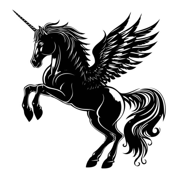 Majestic Winged Unicorn in Elegant Silhouette Design for Fantasy and Mythology Themes