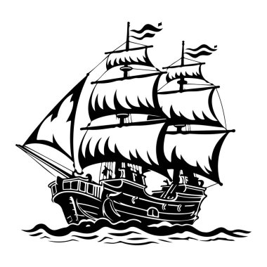 This striking silhouette of a vintage ship gliding through serene waters captures the spirit of adventure and exploration, perfect for nautical-themed projects.