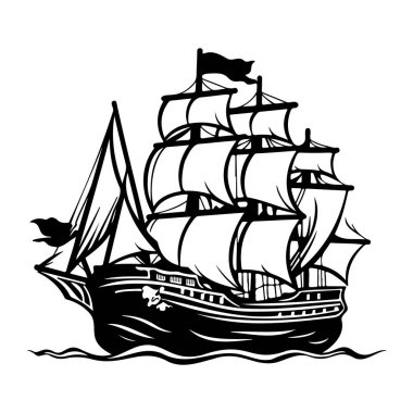 This vintage silhouette displays a majestic sailing ship adorned with billowing sails, perfect for nautical themes and maritime artwork.