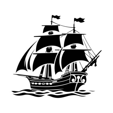 This striking black silhouette features a classic sailing ship with billowing sails, capturing the essence of adventure and maritime history.