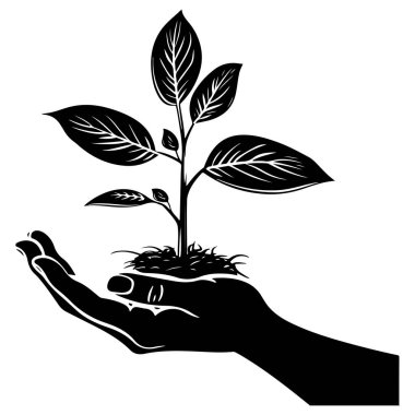 This black and white illustration depicts a hand gently holding a small plant, representing growth, nurturing, and environmental care.