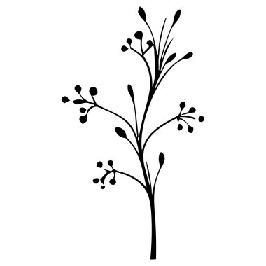 A minimalist black silhouette of a tree branch showcasing small leaves and buds, perfect for creative projects and natural themes.