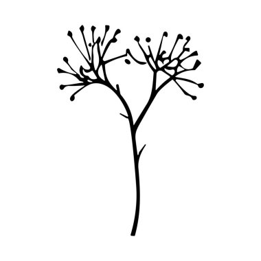 This striking black and white artwork features a stylized plant illustration showcasing slender branches and round buds, perfect for nature themes.