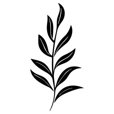 This striking black silhouette of a single leaf branch showcases elegant curves and detailed leaf shapes, ideal for natural-themed designs.