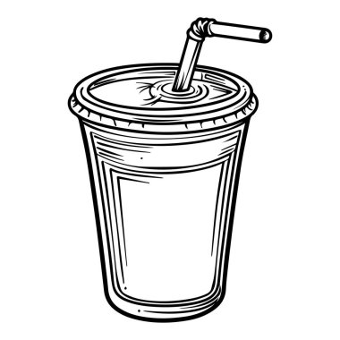 This black and white illustration features a soda cup with a straw, perfect for designs related to beverages, food venues, and refreshment themes.