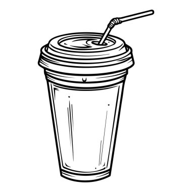 This hand-drawn illustration depicts a takeaway beverage cup with a straw and lid. Ideal for menus, cafe branding, and food-related designs.