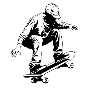 A striking black and white silhouette of a skateboarder executing a trick, capturing the energy and movement of urban skate culture.