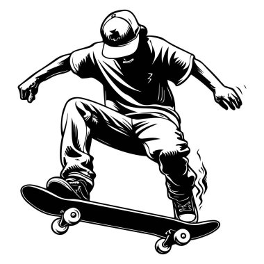 A dynamic silhouette of a skateboarder mid-trick captures the essence of urban sport and youth culture. Ideal for creative projects.