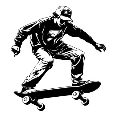 A dynamic skateboarder showcases impressive tricks in an urban environment. The illustration captures the thrill and energy of youth sport culture.