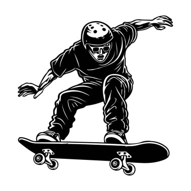 A dynamic portrayal of a skateboarder caught mid-action in an urban setting, showcasing athleticism and style in extreme sports movemen.