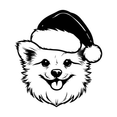 Adorable black and white illustration of a cheerful Pomeranian dog wearing a Santa hat, perfect for festive holiday themes and Christmas designs.