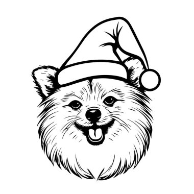 A charming illustration of a happy Pomeranian dog wearing a Santa hat, perfect for capturing the festive spirit of the holiday season.