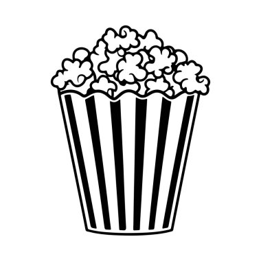 A charming graphic of a classic striped popcorn bucket overflowing with fluffy popcorn, perfect for conveying joy and entertainment at movie nights.