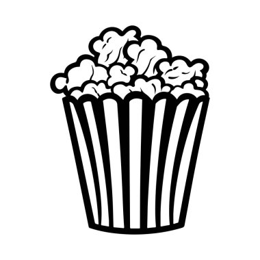 This black and white illustration features a classic popcorn bucket overflowing with fluffy popcorn, perfect for movie nights or snack time.