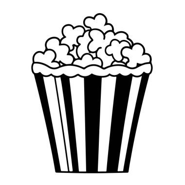 A stylish black and white illustration of a popcorn bucket, perfect for representing movie nights, snack times, and cozy entertainment moments.