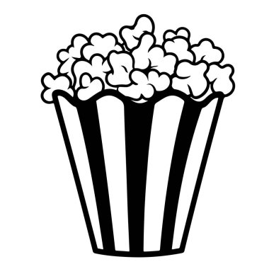 A charming black and white illustration of popcorn in a striped container, perfect for representing movie nights and snack enjoyment.