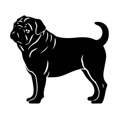 This artistic silhouette of a pug captures the dog's unique features and personality, perfect for designs, logos, or print applications.