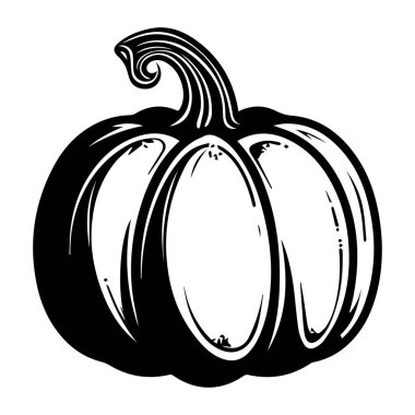 This artistic black and white illustration features a round pumpkin with a unique swirling stem, ideal for autumn-themed projects and seasonal decorations.