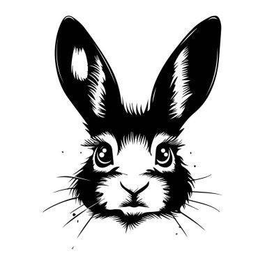 This striking black and white illustration features a rabbit head with large ears and expressive eyes, perfect for art, design, and nature themes.