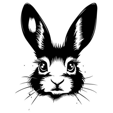 This striking black and white illustration captures the essence of a rabbit with detailed fur patterns and expressive eyes, perfect for creative projects.