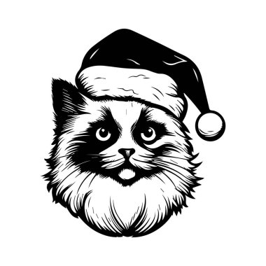 This charming illustration features a cat adorned with a Santa hat, embodying the festive spirit, ideal for holiday cards, decorations, and more.