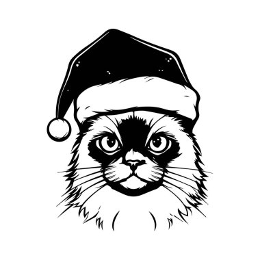 This charming illustration features a stylish cat wearing a festive Santa hat, perfect for holiday promotions and cheerful designs. Ideal for seasonal creativity.