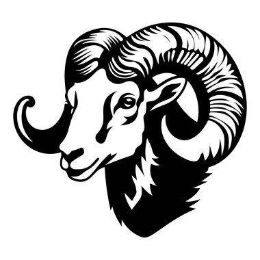 A striking black and white illustration of a ram, featuring prominently curved horns and fierce facial attributes. Ideal for various designs.