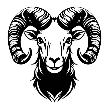 This striking monochrome illustration features a ram head with impressive curved horns. Perfect for creative projects, logos, or prints.