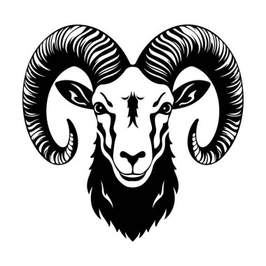 Stunning illustration of a ram's head featuring bold horns in a black and white style, perfect for nature themes and artistic projects.