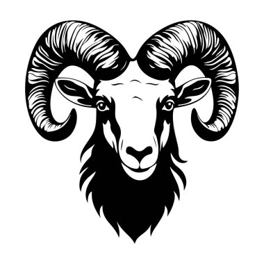 This striking black and white illustration features a ram's head with impressive curved horns, showcasing strength and character for various creative uses.